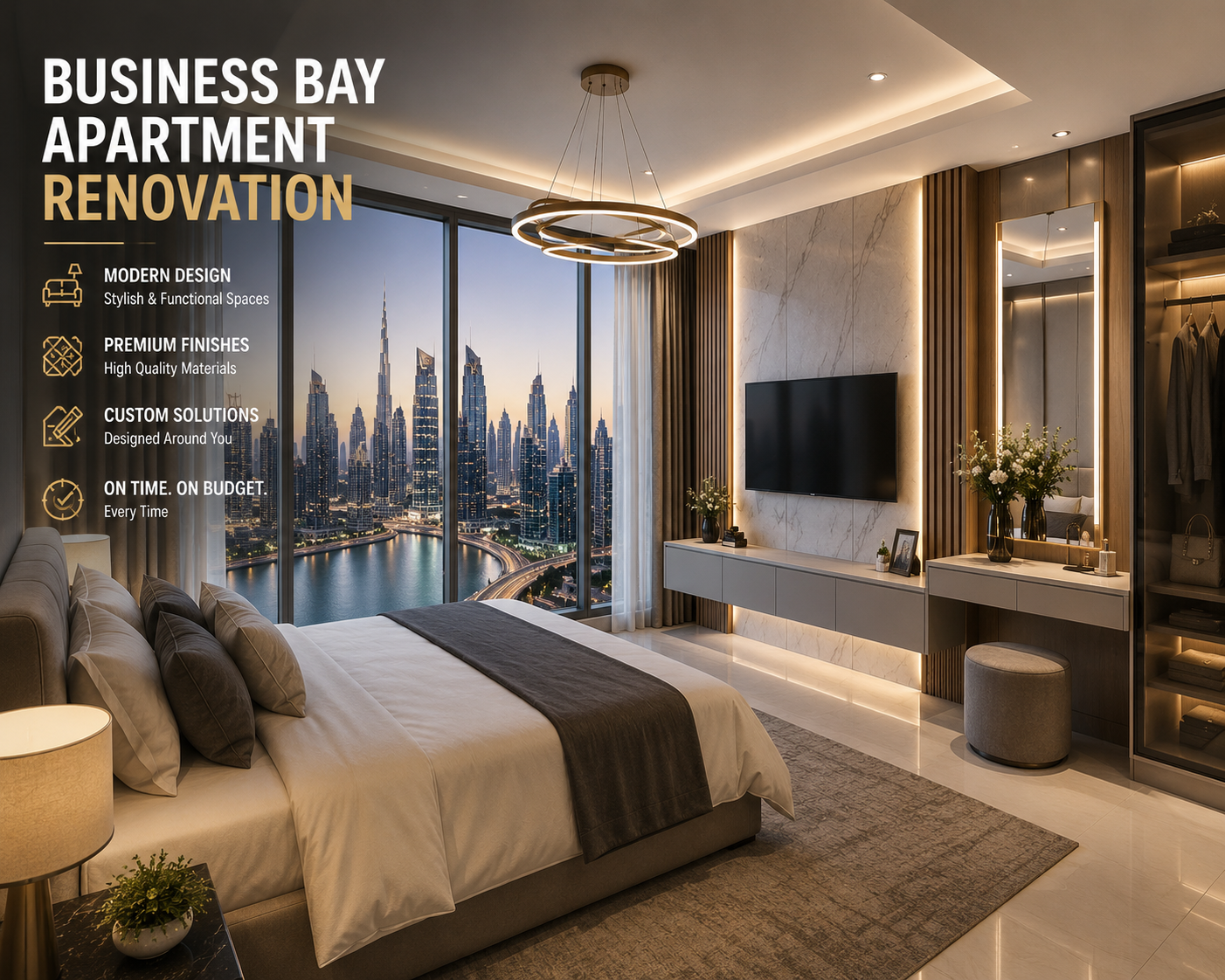 Business Bay apartment renovation luxury master bedroom Dubai