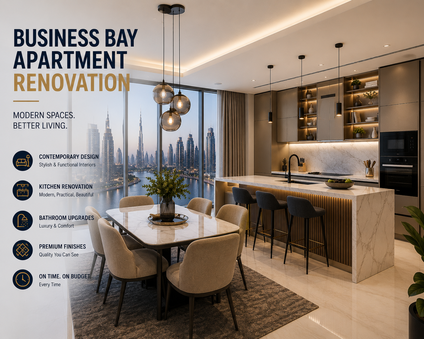 Business Bay apartment renovation modern kitchen dining area Dubai