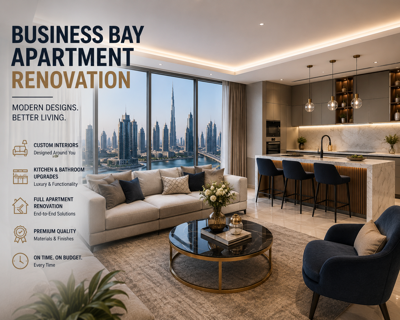 Business Bay apartment renovation modern luxury living room Dubai
