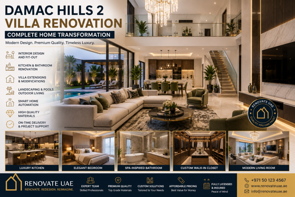 Luxury DAMAC Hills 2 villa renovation featuring modern living room, custom kitchen, elegant bedroom, spa bathroom, walk-in closet, and smart home solutions.