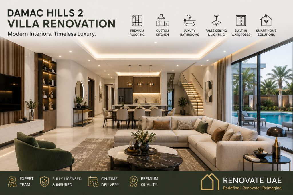Luxury interior villa renovation in DAMAC Hills 2 Dubai featuring open-plan living space, custom kitchen, premium flooring, false ceiling, and modern interior design.