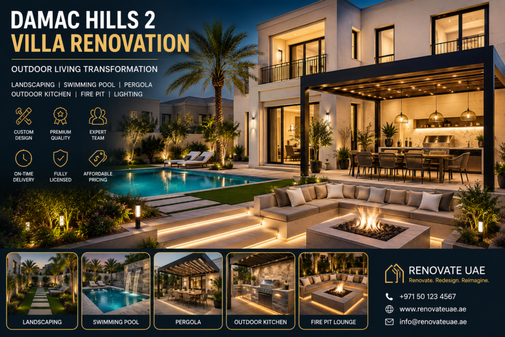 Luxury outdoor living renovation in DAMAC Hills 2 Dubai featuring swimming pool, pergola, outdoor kitchen, landscaping, fire pit lounge, and premium villa backyard design