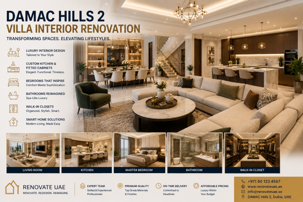 Luxury villa interior renovation in DAMAC Hills 2 Dubai featuring an open-plan living room, custom kitchen, dining area, designer lighting, and premium modern finishes.