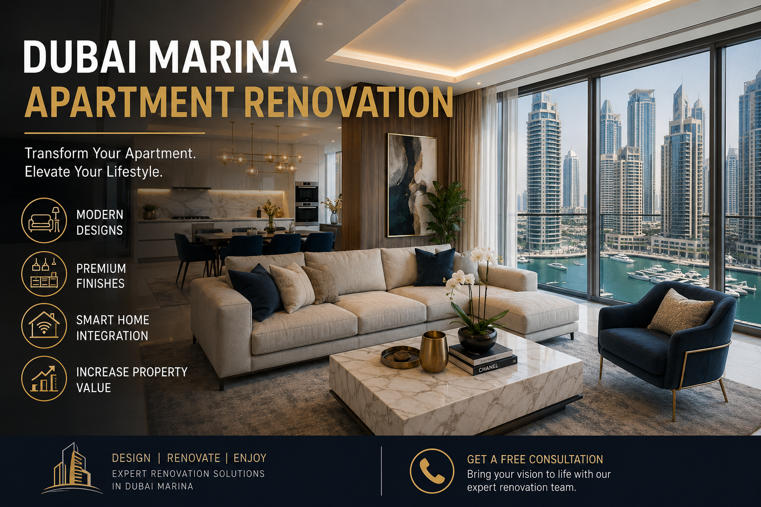Dubai Marina Apartment Renovation luxury living room with waterfront views