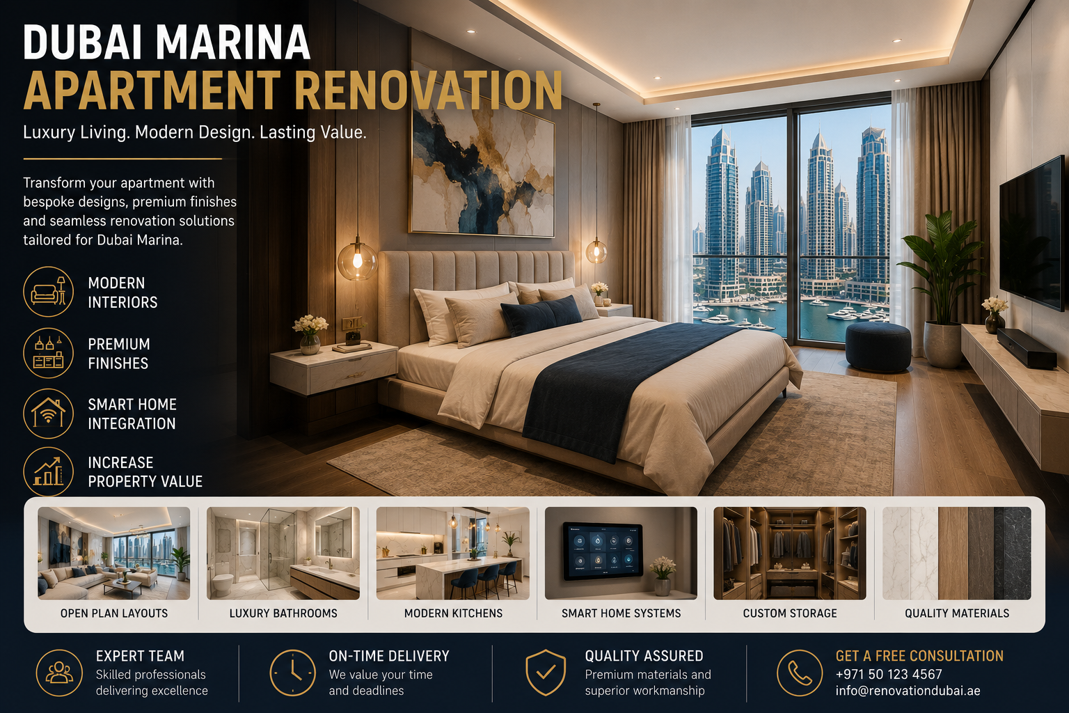 Dubai Marina Apartment Renovation luxury master bedroom with marina view