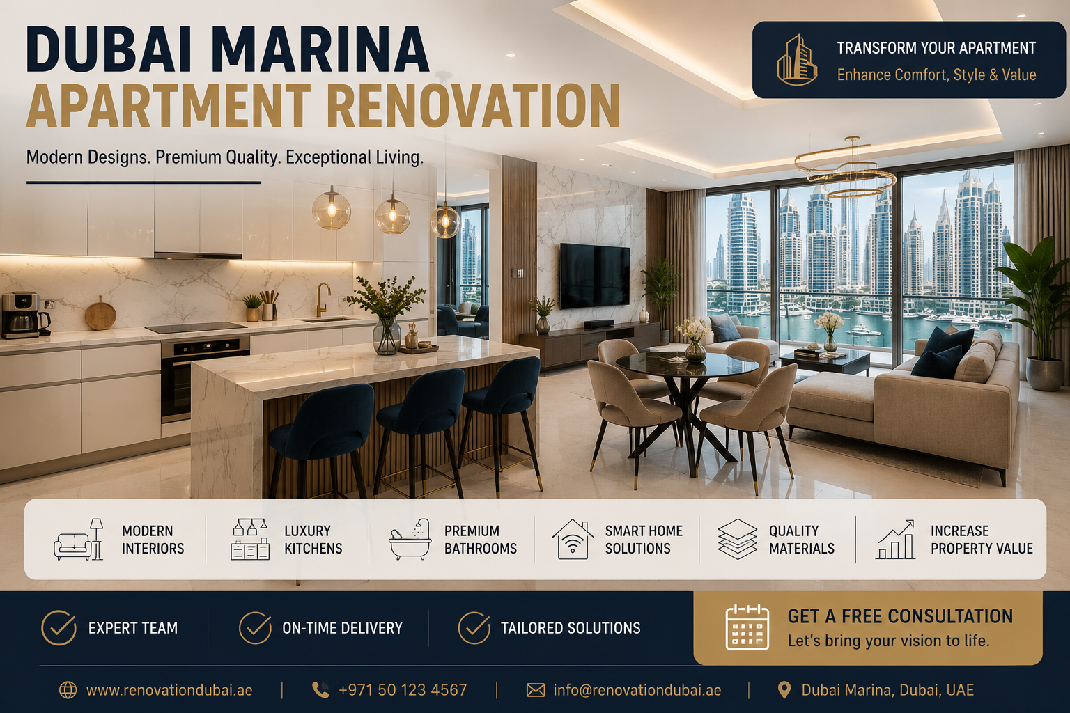 Dubai Marina Apartment Renovation modern kitchen and living room design
