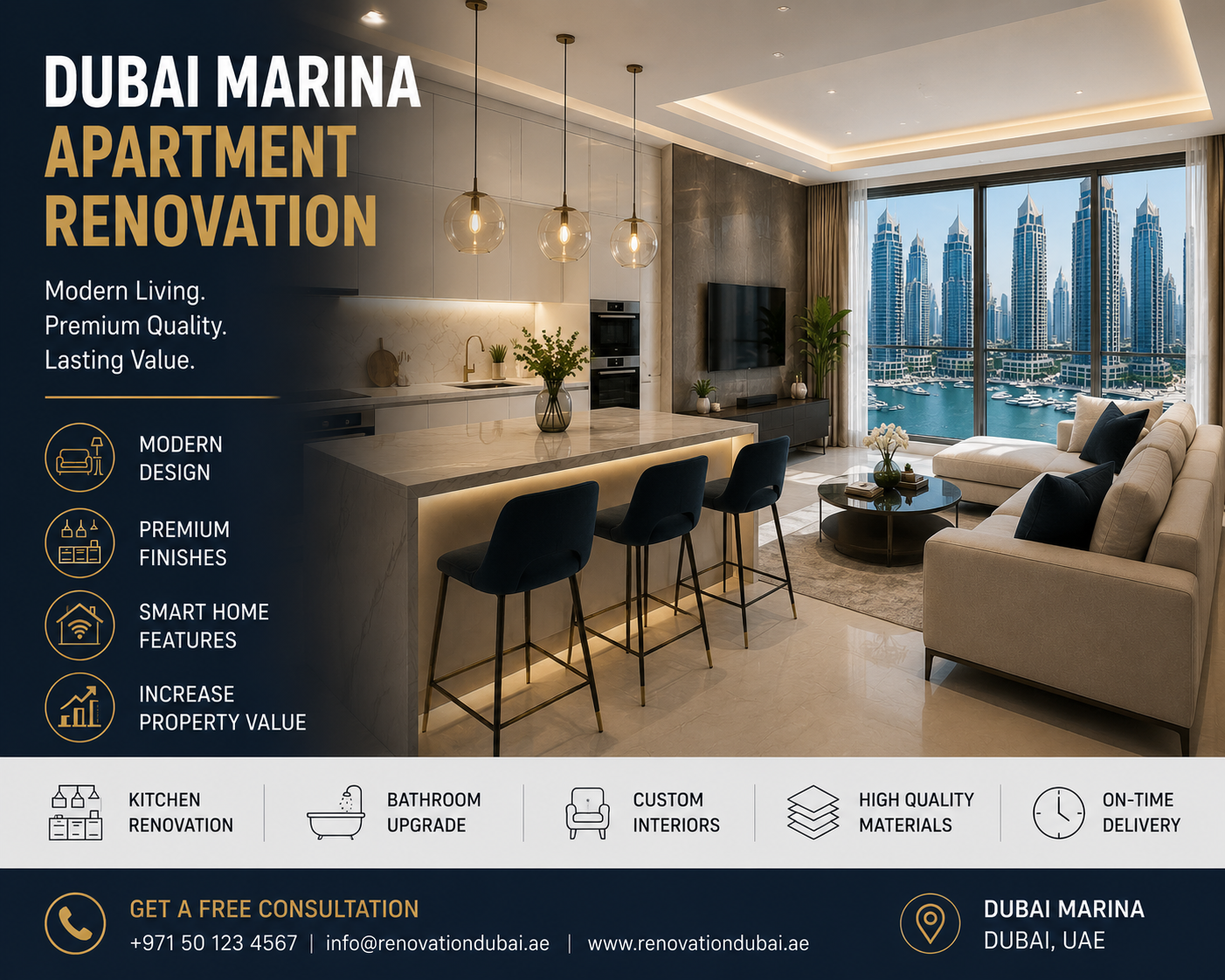 Dubai Marina Apartment Renovation modern open-plan living space with kitchen island