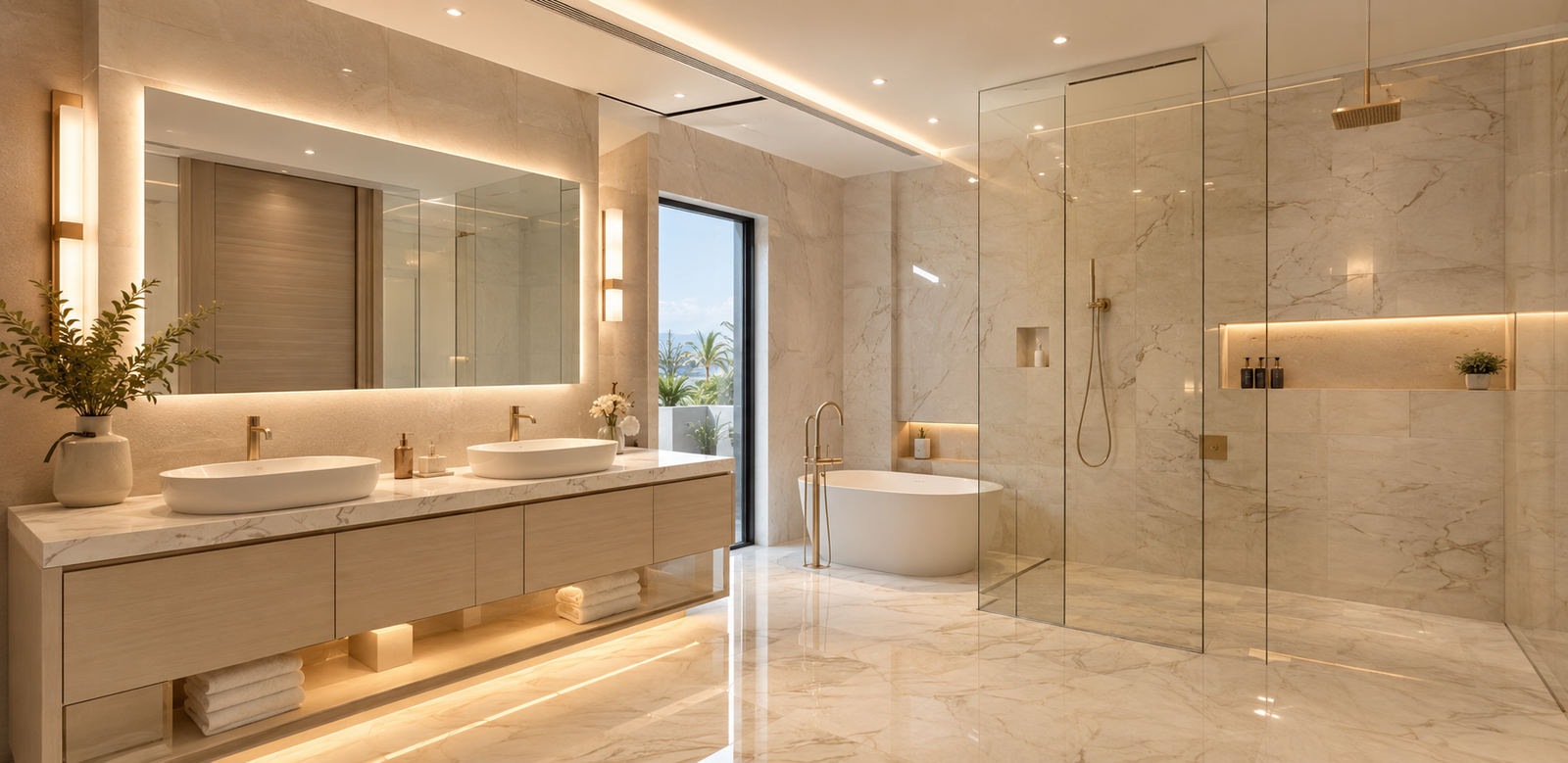 Dubai South Villa Renovation Luxury Bathroom Dubai South Villa Renovation luxury bathroom with walk in glass shower double vanity marble tiles LED mirror and premium fixtures