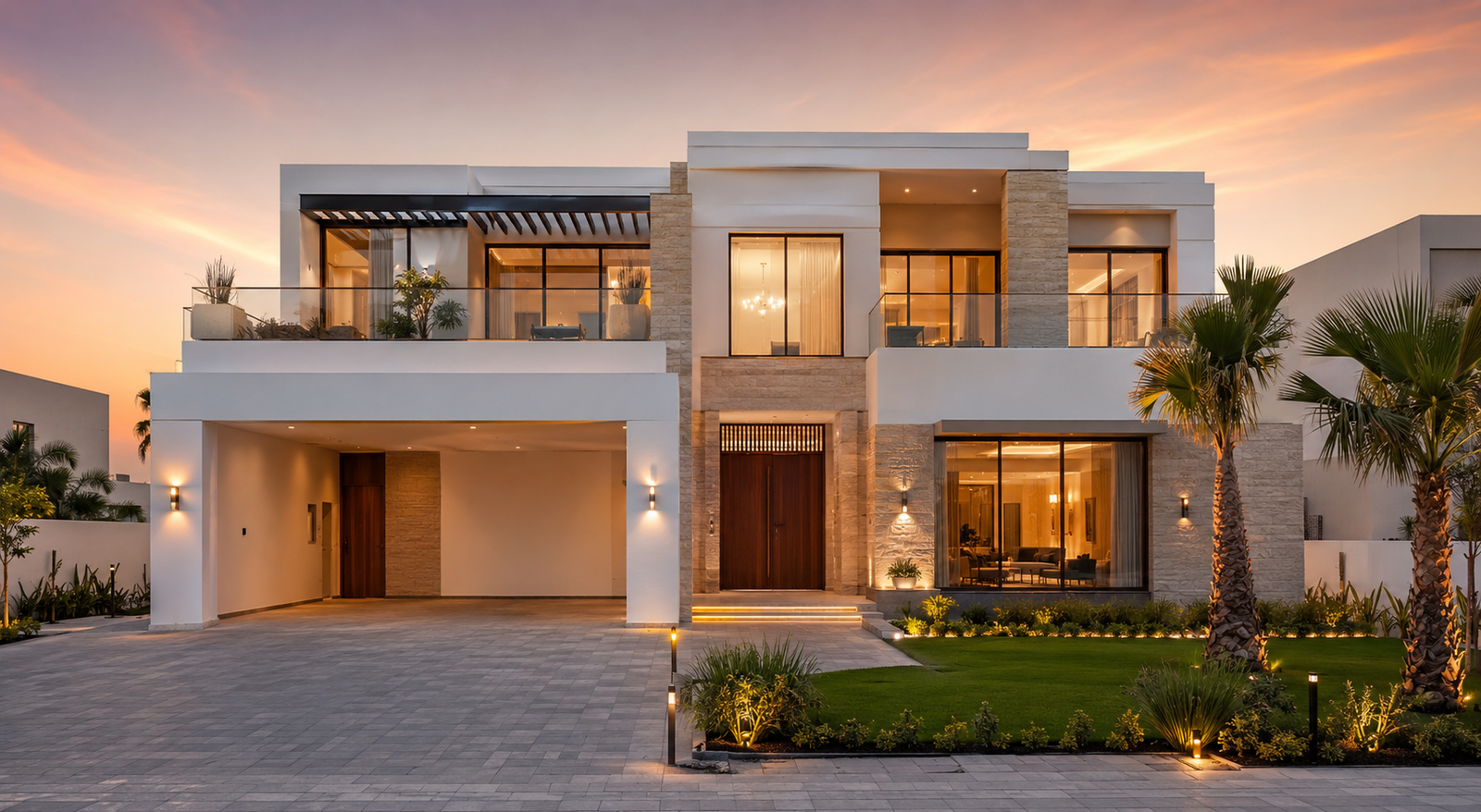 Dubai South Villa Renovation Luxury Exterior Dubai South Villa Renovation luxury exterior with modern facade landscaping warm lighting and premium villa upgrade by Renovate UAE