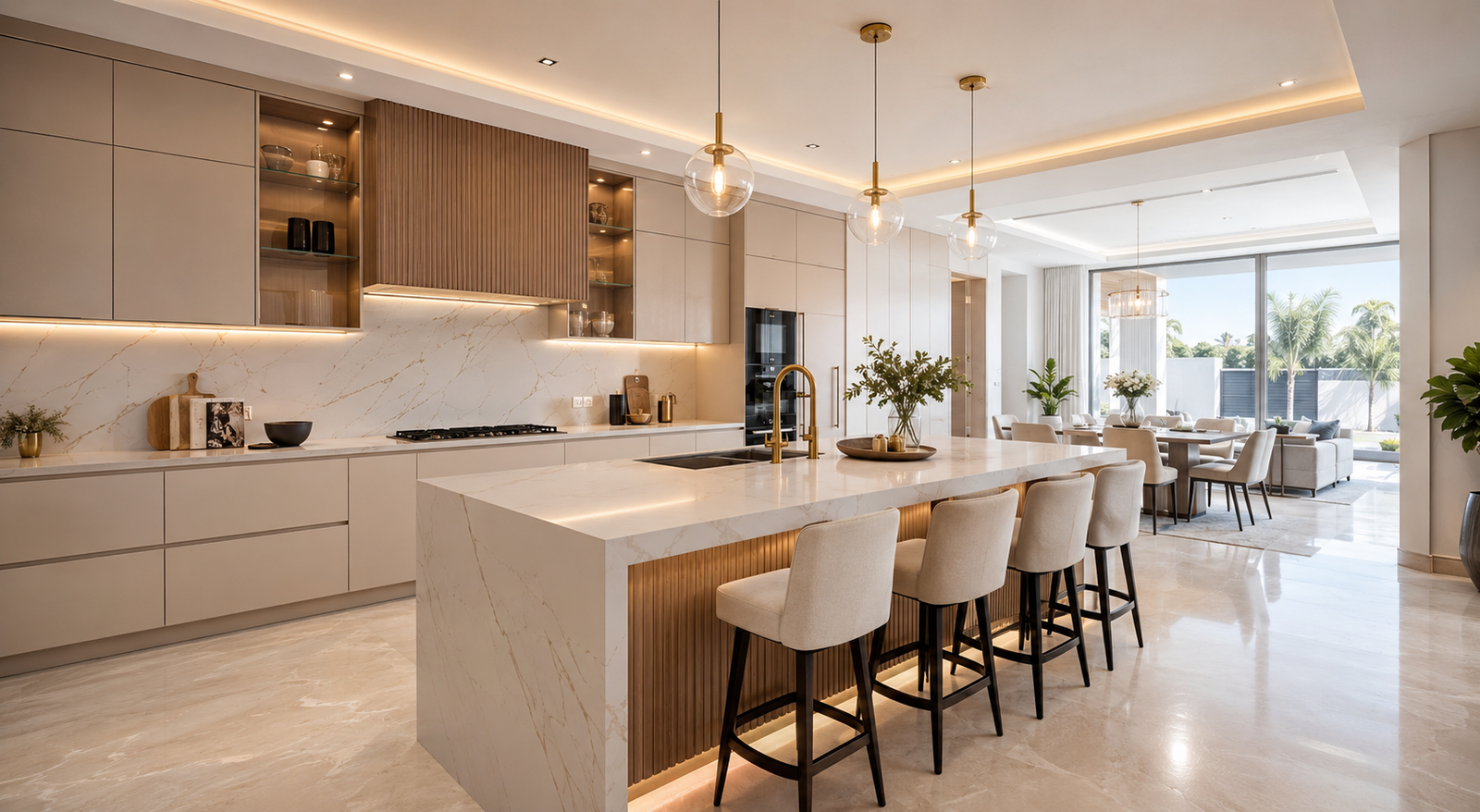 Dubai South Villa Renovation Luxury Kitchen Dubai South Villa Renovation luxury kitchen with custom cabinets island counter marble countertop and warm LED lighting