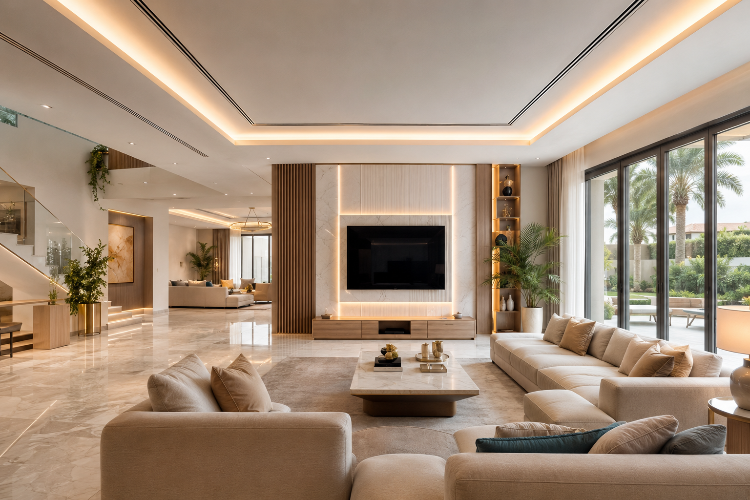 Dubai South Villa Renovation Luxury Living Room Dubai South Villa Renovation luxury living room with modern TV wall marble flooring LED ceiling and open plan interior