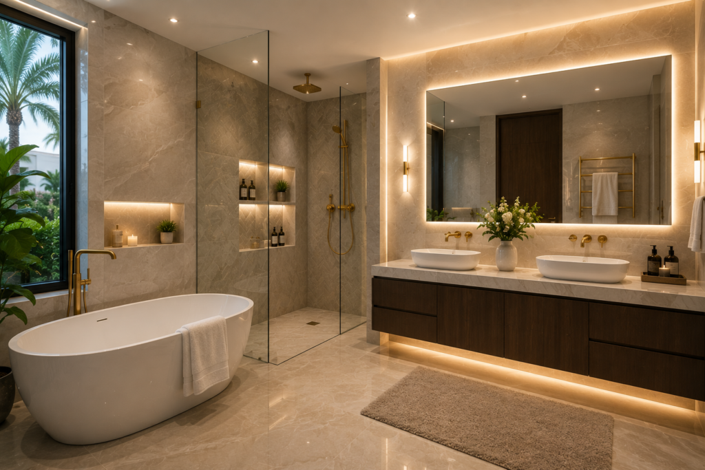 Luxury bathroom renovation in Jumeirah Islands Dubai featuring a freestanding bathtub, walk-in glass shower, double vanity, marble finishes, and spa-inspired interior design.