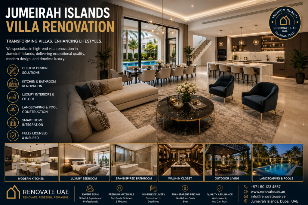 Luxury villa interior renovation in Jumeirah Islands Dubai featuring an open-plan living room, custom kitchen island, designer lighting, dining area, and premium marble finishes.