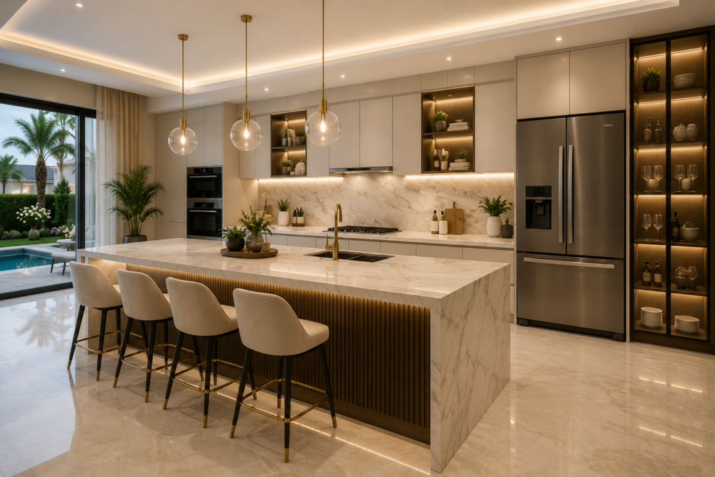 Modern luxury kitchen renovation in Jumeirah Islands Dubai featuring a marble waterfall island, custom cabinetry, premium appliances, designer lighting, and elegant interior finishes.