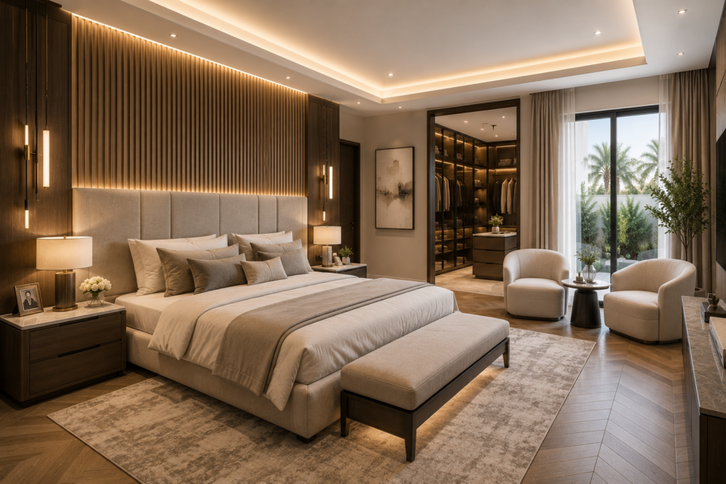 Luxury master bedroom renovation in Jumeirah Park villa Dubai featuring custom wall paneling, walk-in closet, designer lighting, and modern interior design.