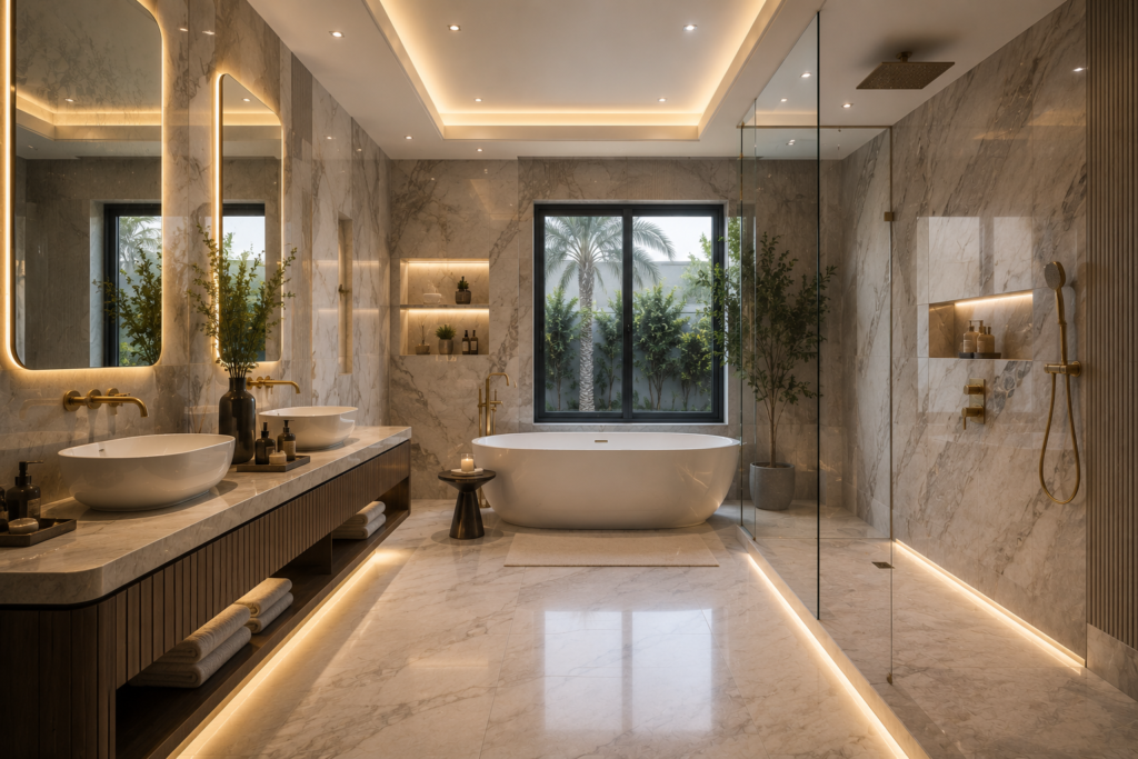 Luxury bathroom renovation in Jumeirah Park villa Dubai featuring freestanding bathtub, walk-in shower, marble walls, and premium gold fixtures.