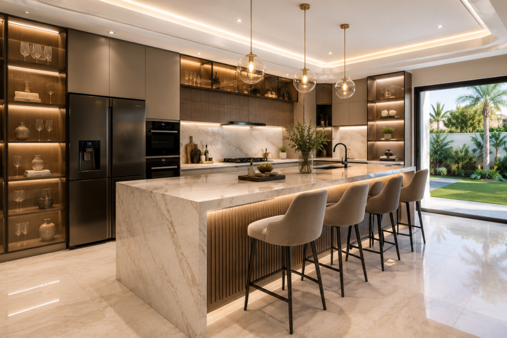 Luxury kitchen renovation in Jumeirah Park villa Dubai featuring marble island, custom cabinetry, premium appliances, and modern lighting.