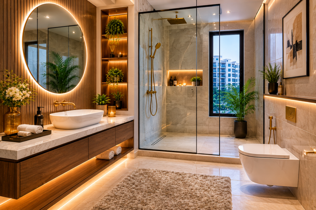 Luxury bathroom renovation in Jumeirah Village Circle Dubai featuring marble walls, walk-in shower, floating vanity, LED mirror, and premium gold fixtures.