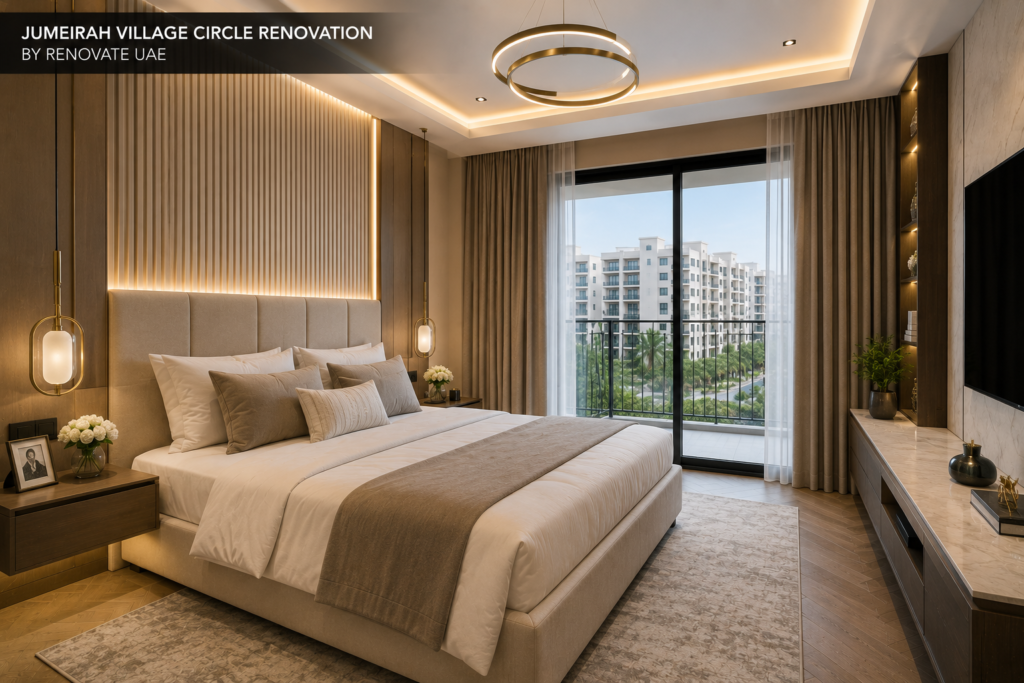 Luxury bedroom renovation in Jumeirah Village Circle Dubai featuring custom wall paneling, designer lighting, modern furniture, and premium interior finishes.