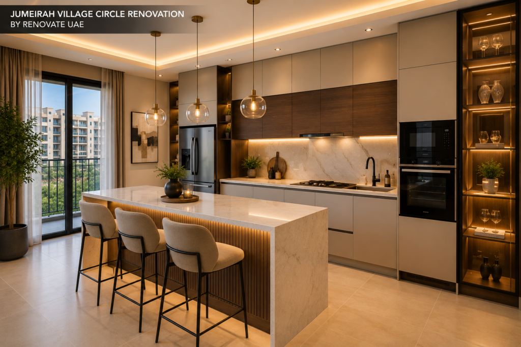 Modern kitchen renovation in Jumeirah Village Circle Dubai featuring marble island, custom cabinetry, integrated appliances, and luxury lighting.