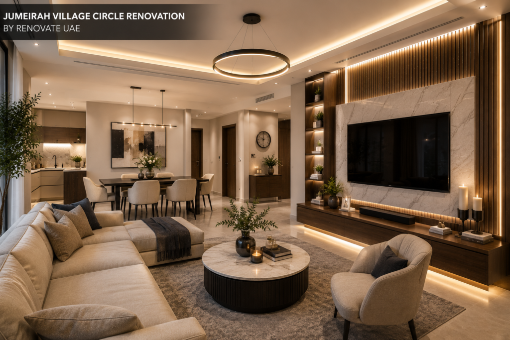 Luxury living room renovation in Jumeirah Village Circle Dubai featuring marble TV wall, custom wood paneling, designer lighting, and modern open-plan interior design.