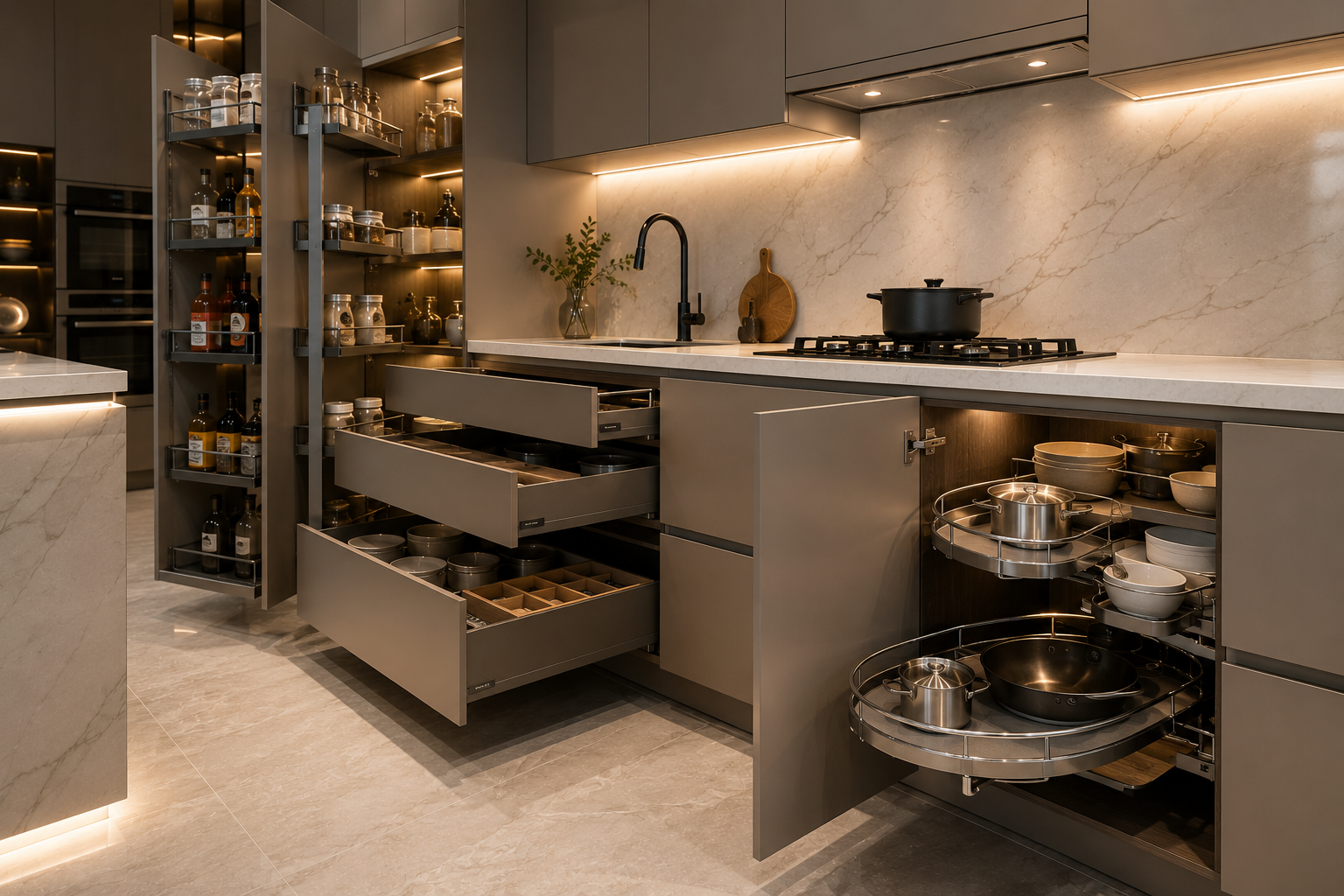 Kitchen cabinet cost Dubai with pull out pantry magic corner and soft close drawers