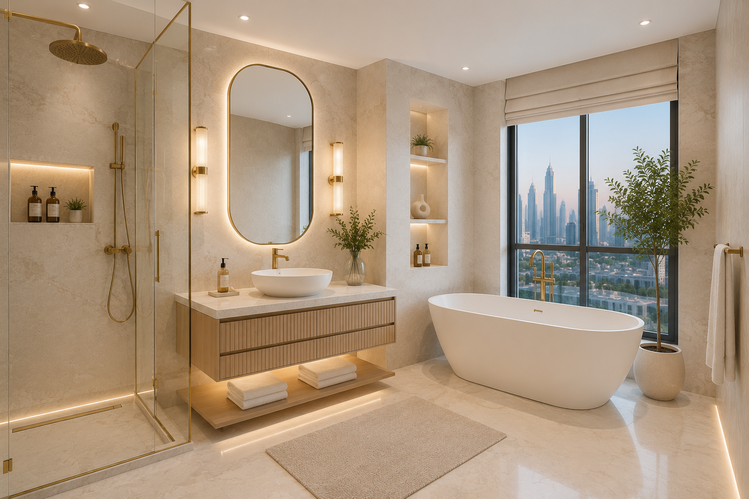Luxury apartment bathroom renovation Dubai with freestanding bathtub and walk in shower