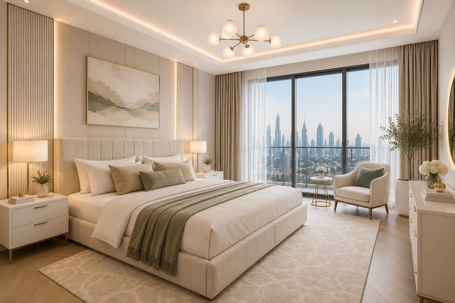 Luxury apartment bedroom renovation Dubai with custom wall panels and city skyline view