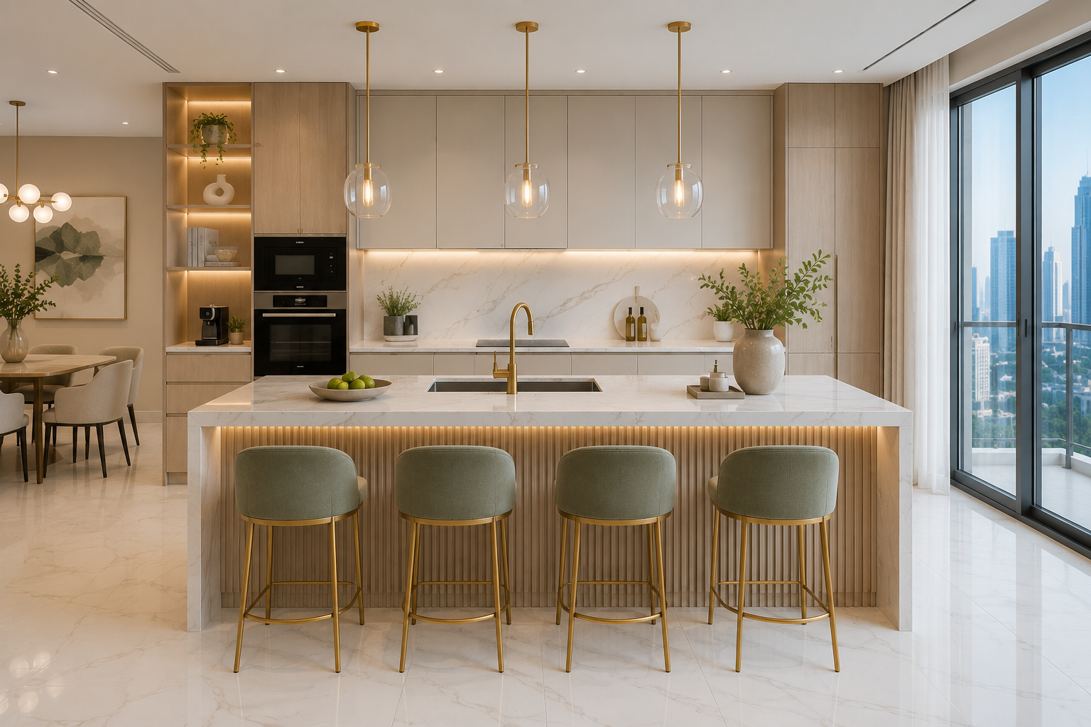 Luxury apartment kitchen renovation Dubai with marble island and modern cabinetry