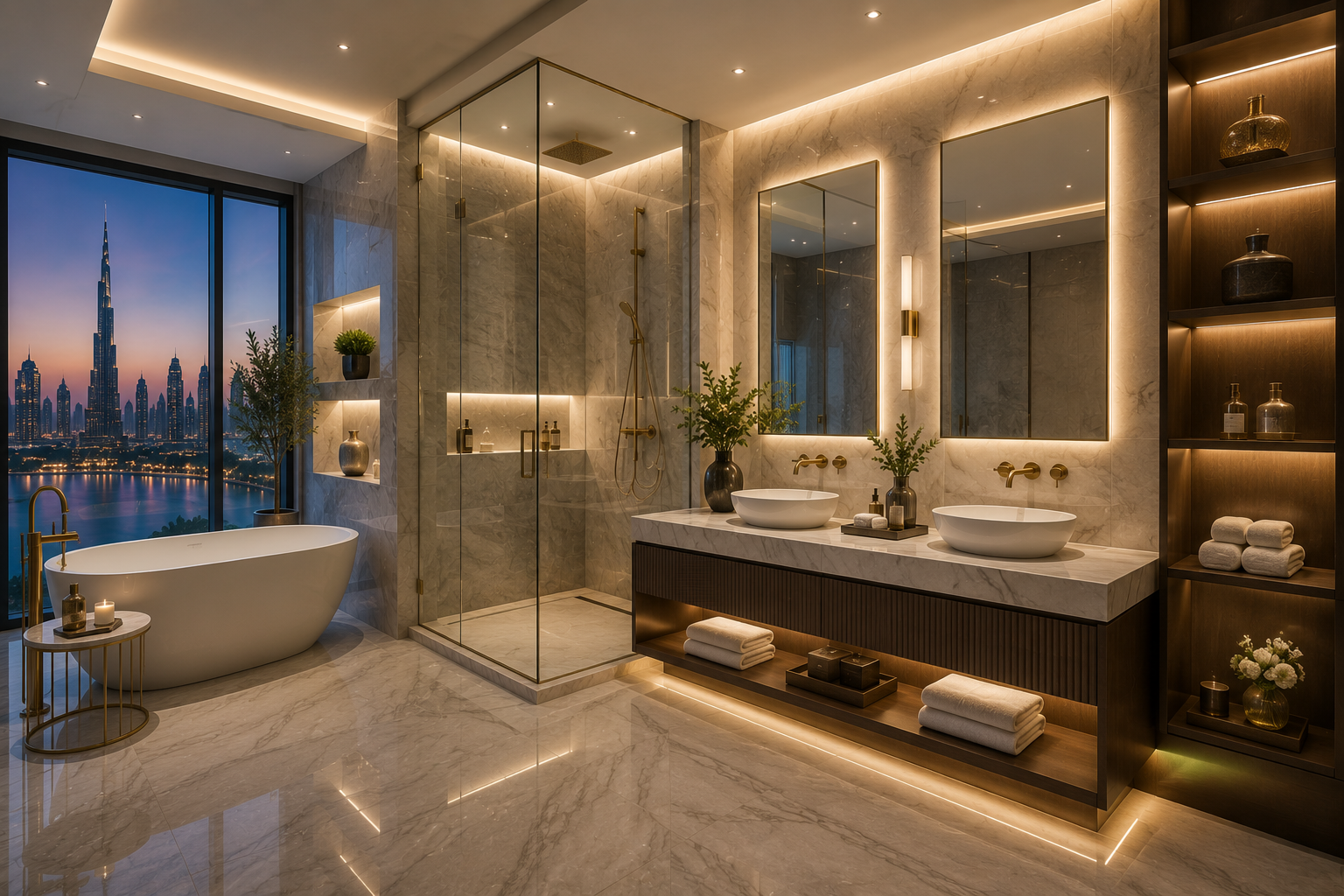 Luxury Home Renovation Dubai bathroom with marble tiles, bathtub and glass shower