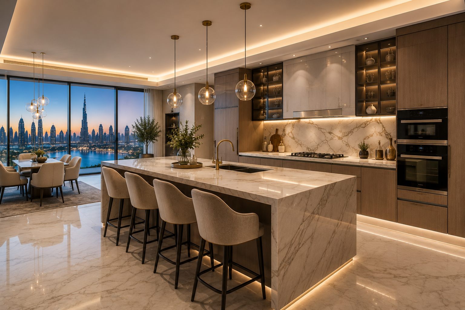 Luxury Home Renovation Dubai kitchen with marble island, premium cabinets and modern lighting