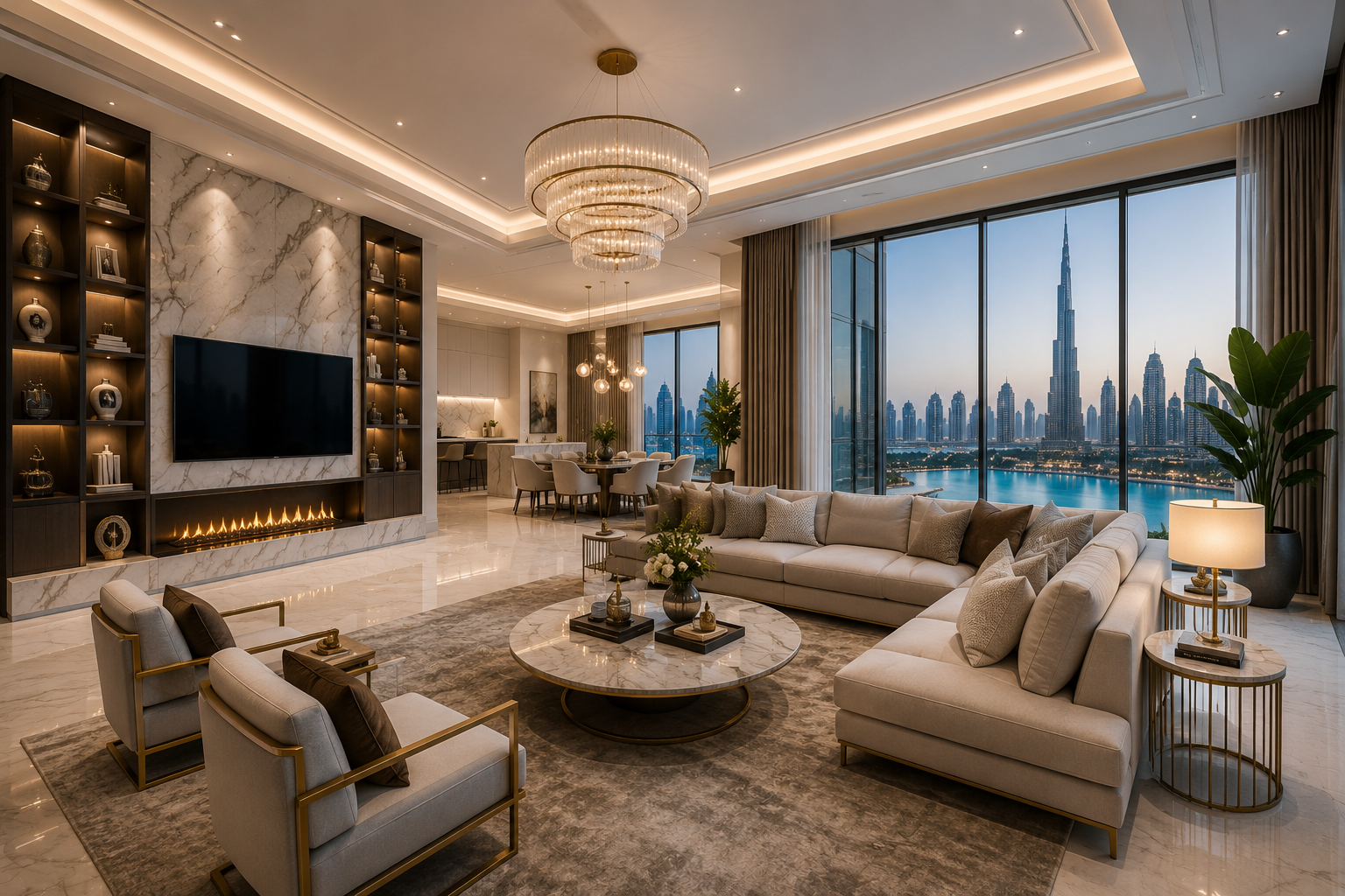 Luxury Home Renovation Dubai living room with marble wall, modern furniture and skyline view