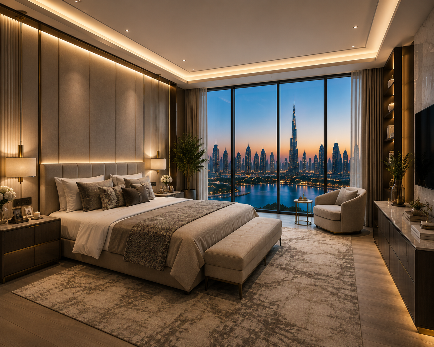 Luxury Home Renovation Dubai master bedroom with custom wall paneling and skyline view