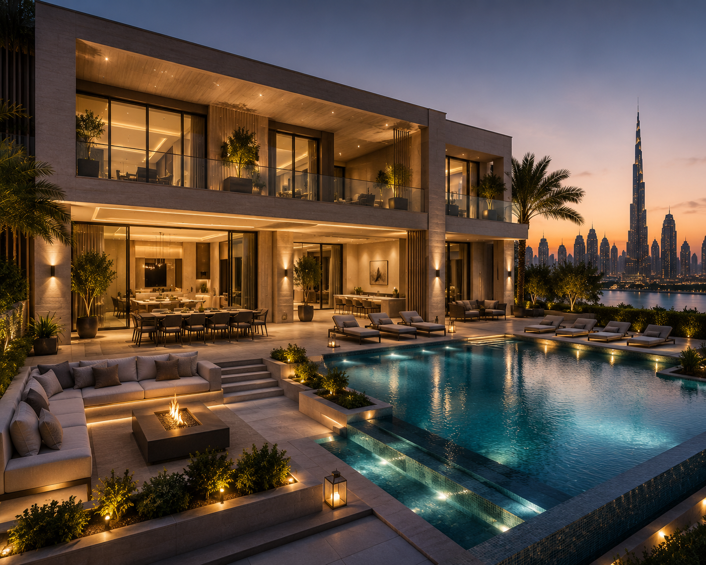 Luxury Home Renovation Dubai villa exterior with swimming pool, outdoor lounge and modern architecture