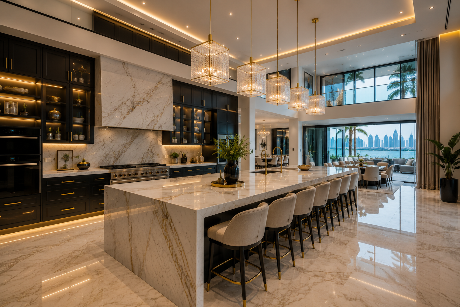 Luxury kitchen remodeling with oversized marble island and premium cabinetry in Dubai