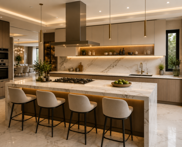 Luxury kitchen renovation Dubai with island counter premium cabinetry and modern lighting