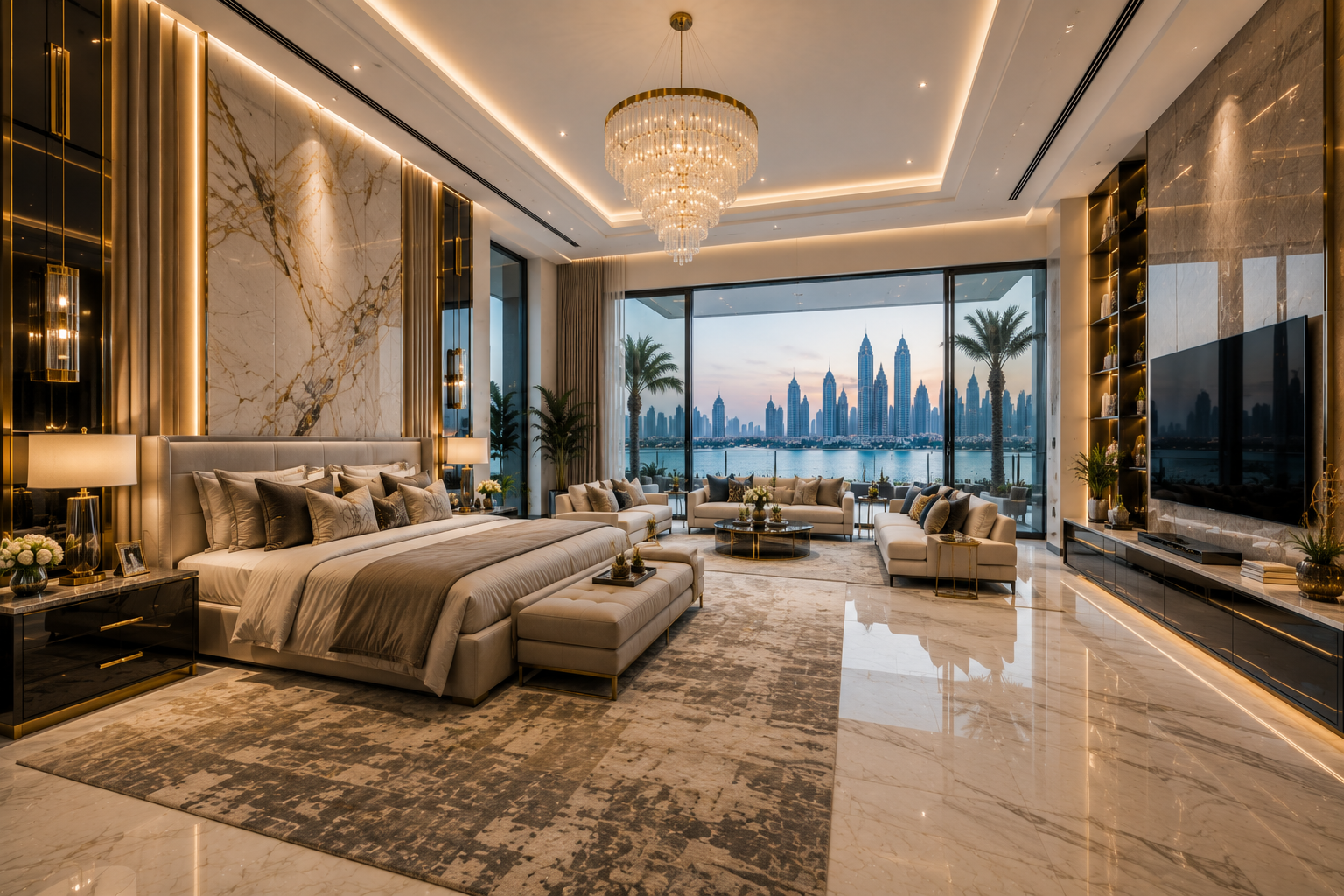 Luxury master bedroom renovation with marble wall panels and panoramic skyline views