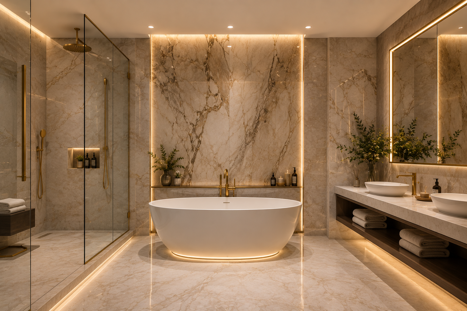 Luxury villa bathroom renovation Dubai with freestanding bathtub and marble walls