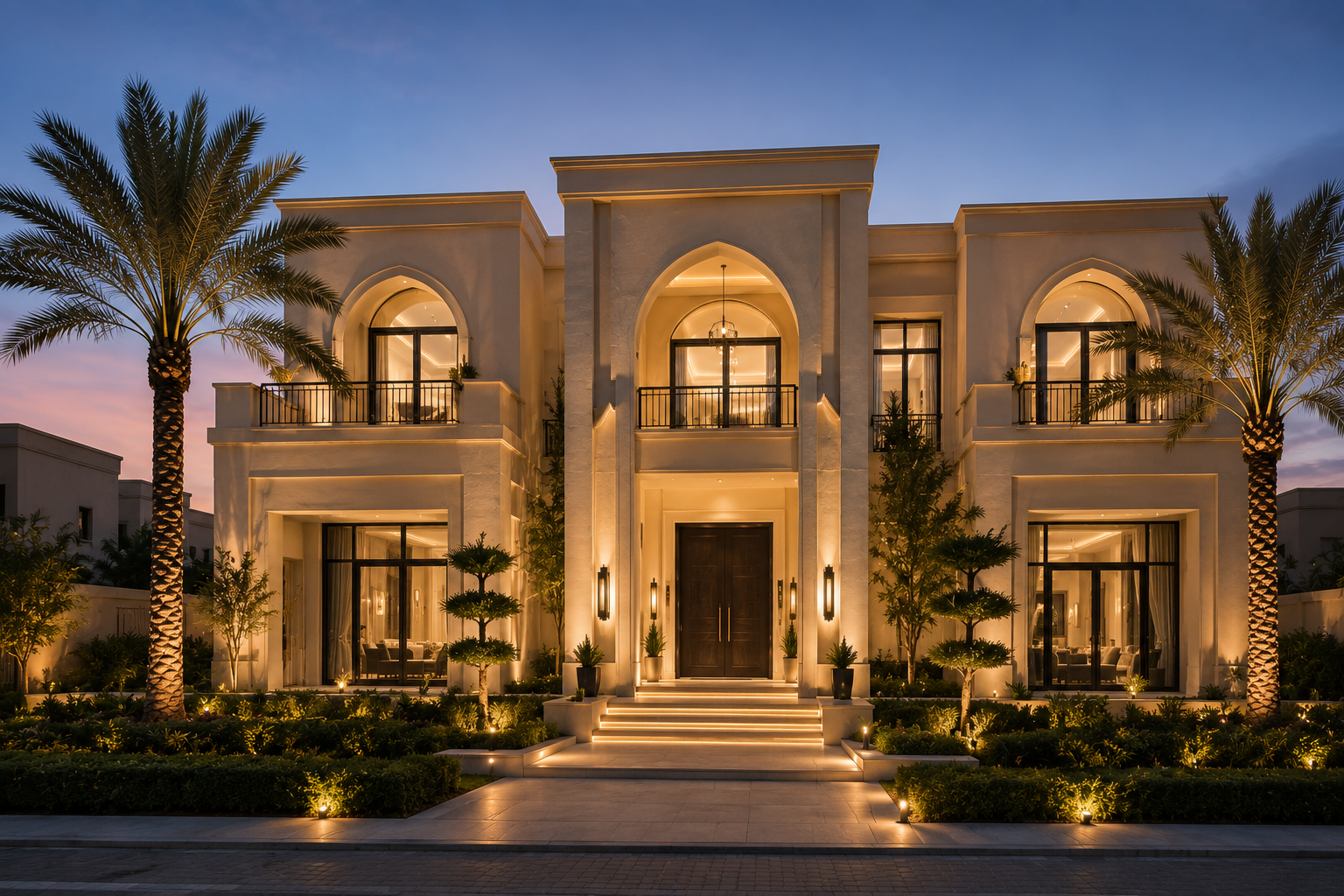 Luxury villa exterior renovation Dubai with modern facade landscaping and architectural lighting