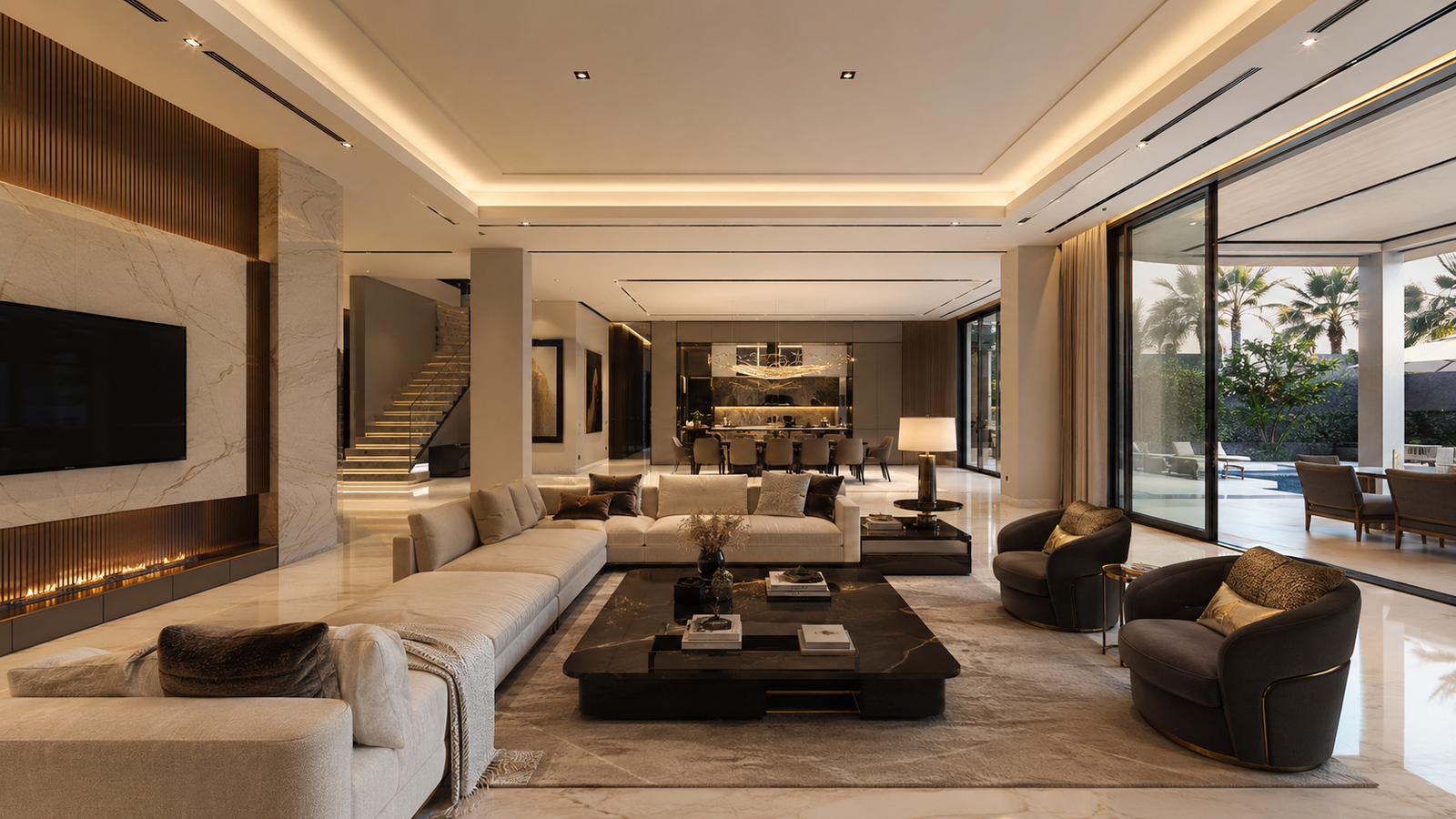 Luxury villa interior renovation in Dubai with open-plan living room, marble flooring and premium lighting by Renovate UAE