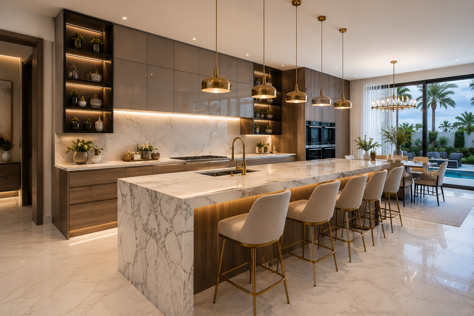 Luxury villa kitchen renovation Dubai with marble island and custom cabinetry