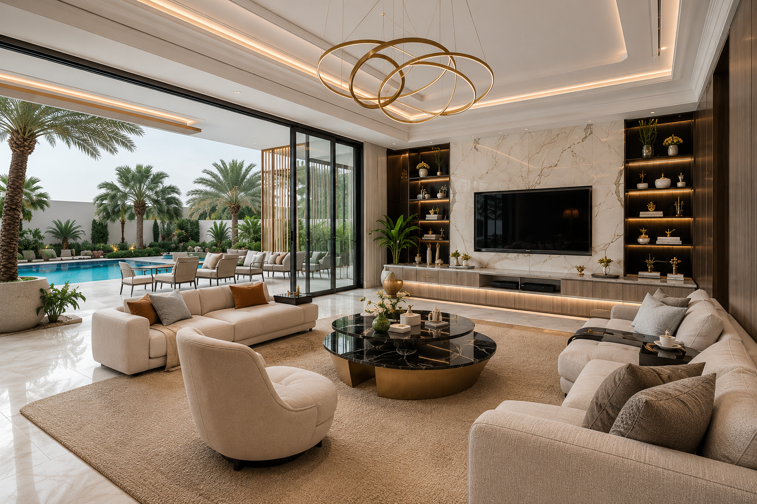 Luxury villa living room renovation Dubai with modern interior design and pool view