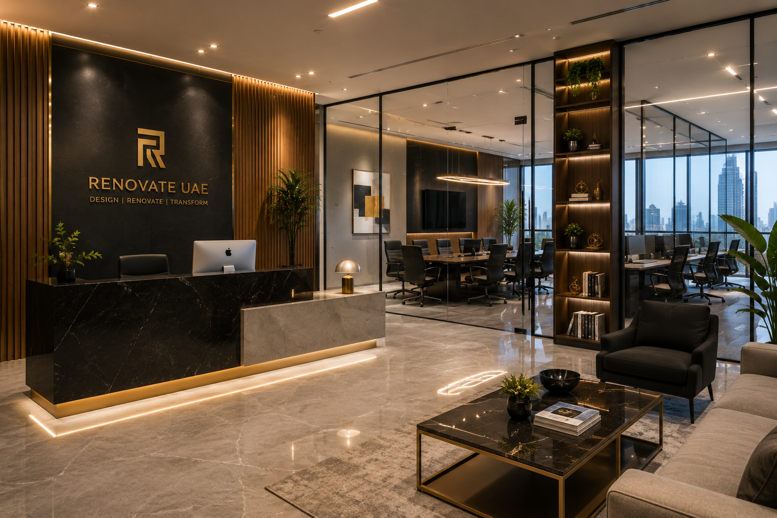 Commercial office fit out with glass partitions and luxury reception in Dubai