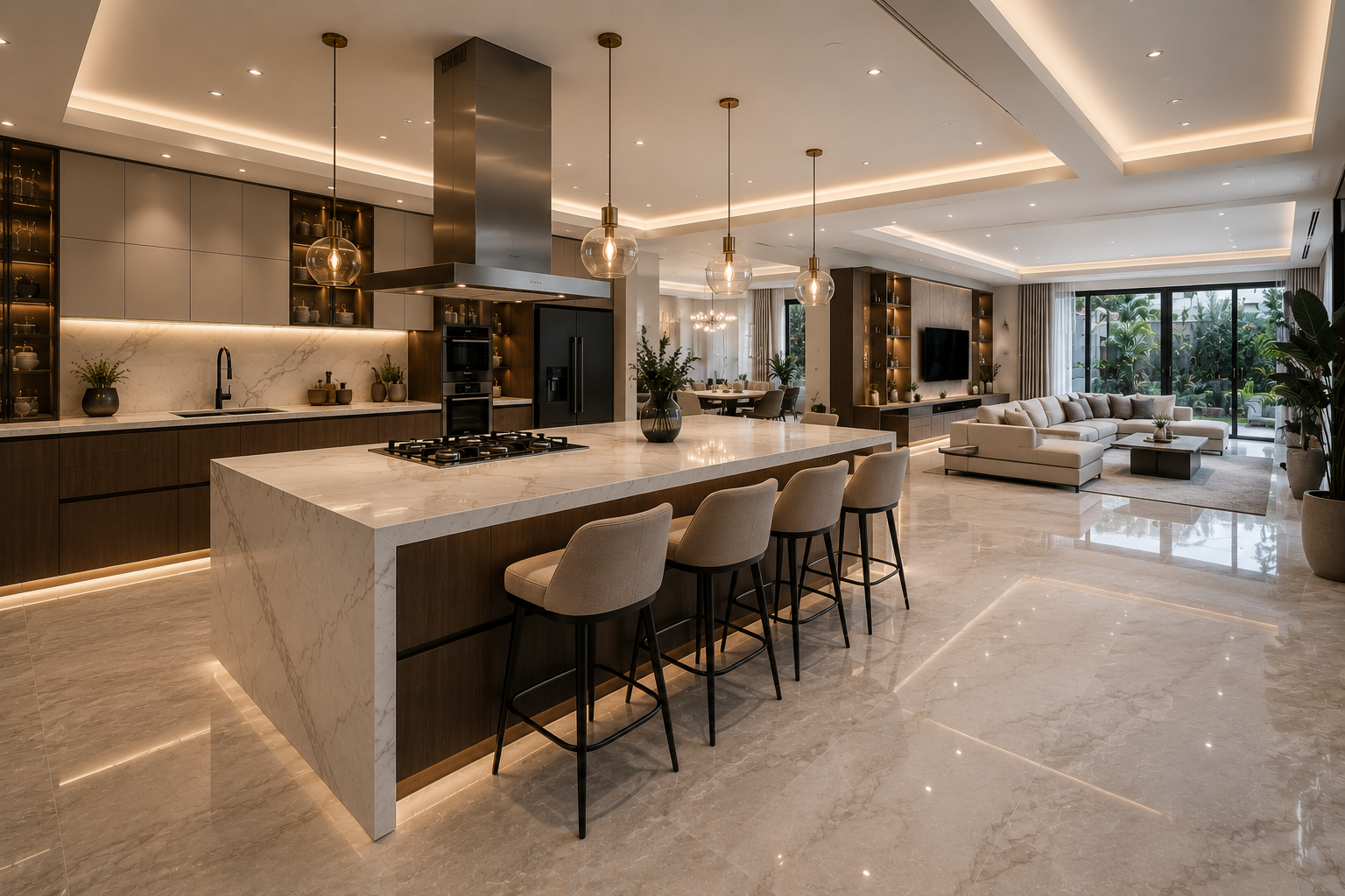 Open kitchen renovation Dubai connected to luxury villa living room with island counter