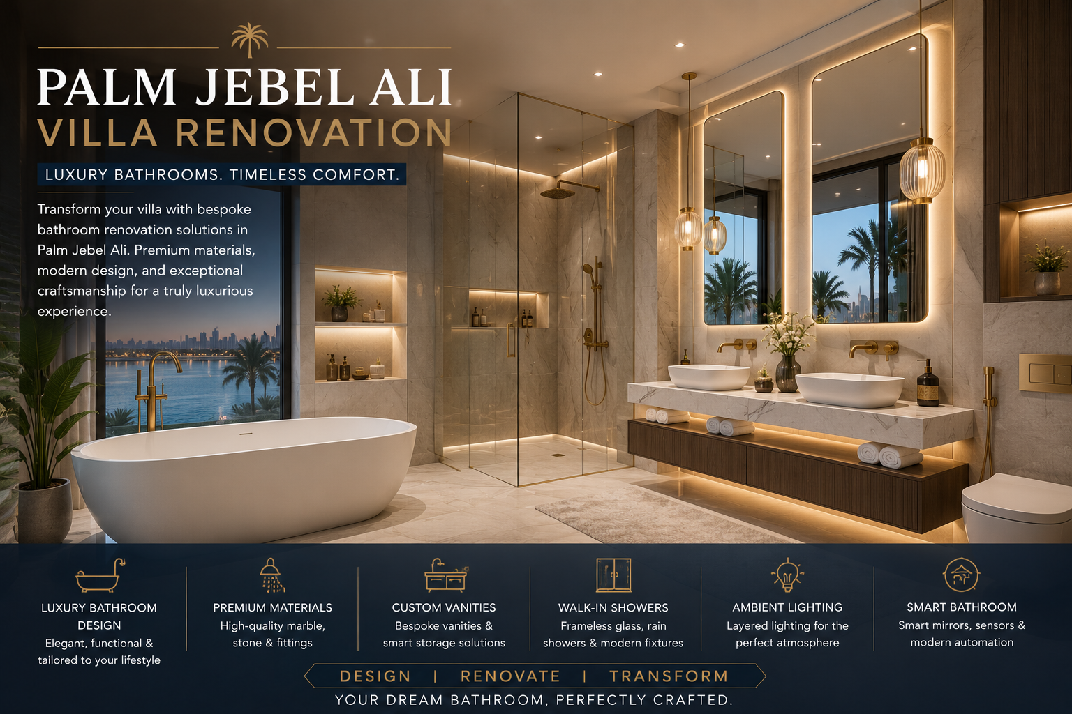 Palm Jebel Ali villa renovation luxury bathroom with freestanding bathtub marble walls and walk-in shower
