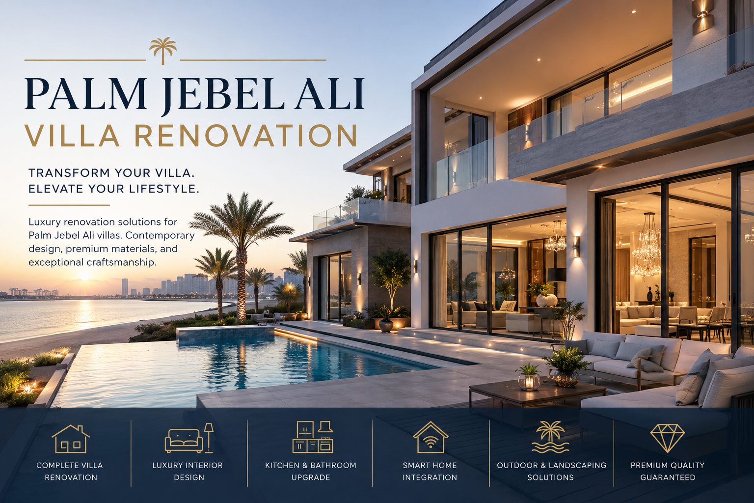 Palm Jebel Ali villa renovation luxury beachfront villa with infinity pool in Dubai