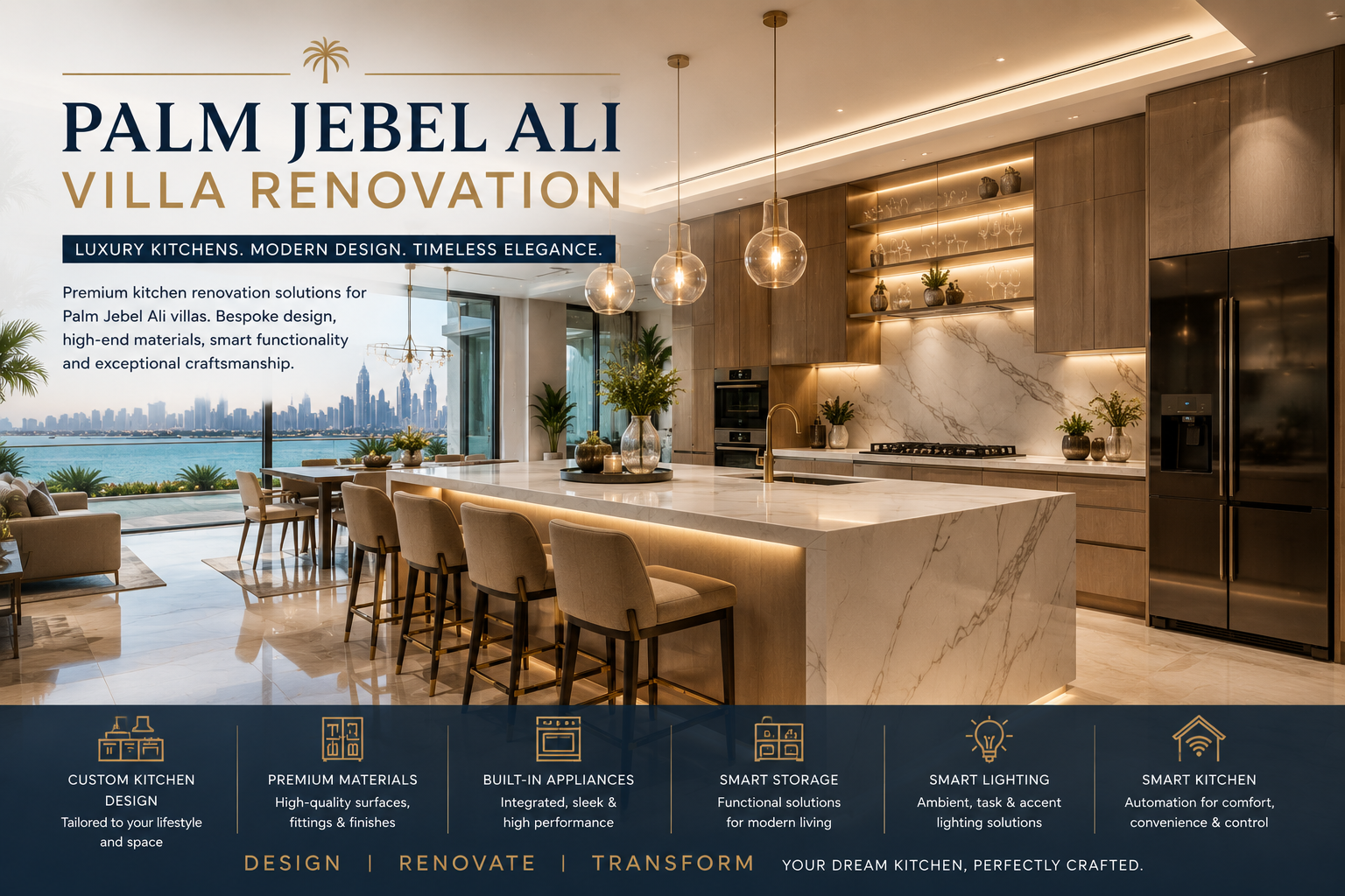 Palm Jebel Ali villa renovation luxury kitchen design with marble island and custom cabinetry in Dubai