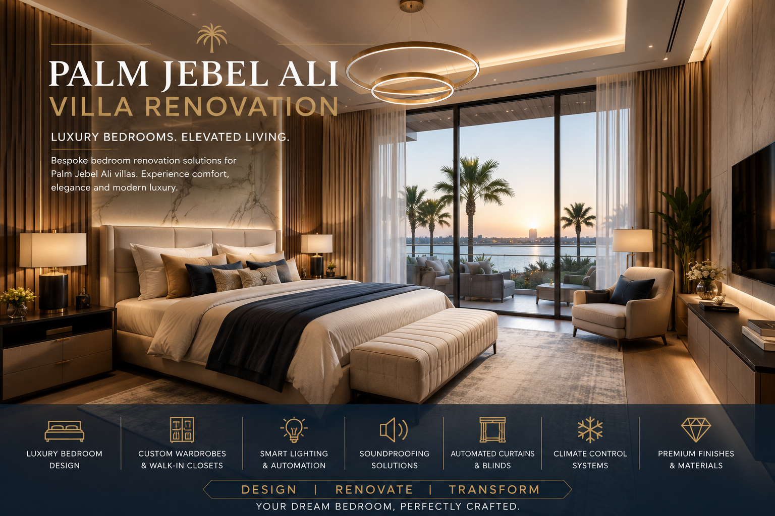 Palm Jebel Ali villa renovation luxury master bedroom with waterfront view and premium interiors