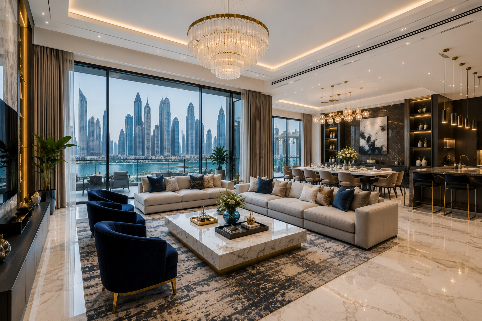 Premium apartment renovation with luxury open plan living area and Dubai skyline views