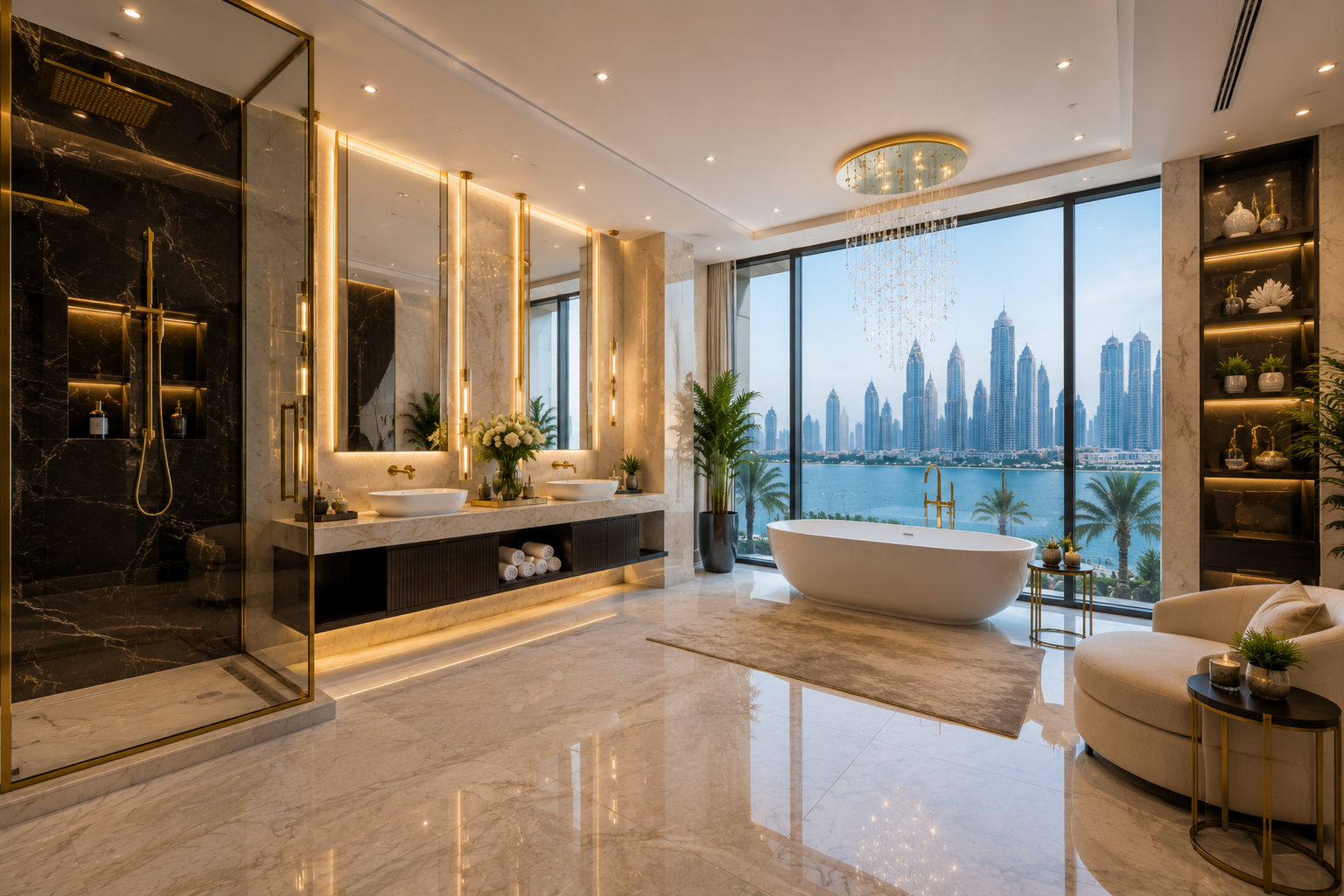 Spa bathroom remodeling with freestanding bathtub and luxury shower design in Dubai